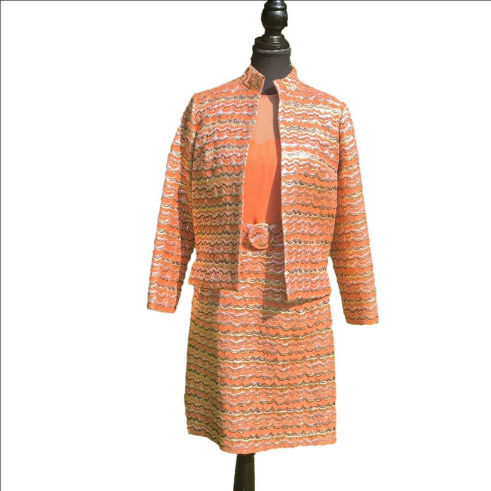 Vintage 2pc Vibrant Orange & Metallic Dress With Matching Jacket - 8